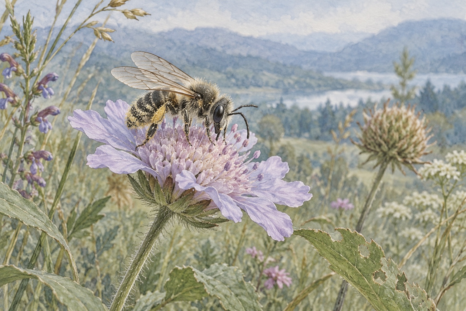 Künstlerische Begegnung einer Biene mit einer Wildblüte