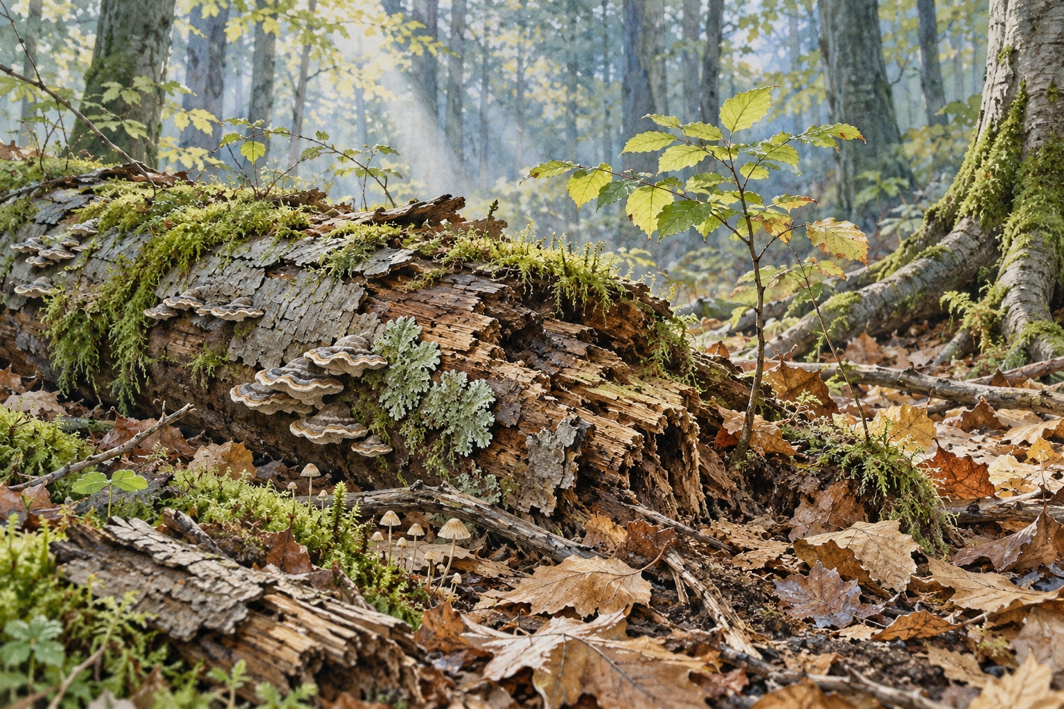 Künstlerischer Waldboden mit Totholz, Laub und Moos